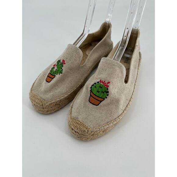 Soludos Shoes - Soludos Espadrille Slip On Loafers Shoes Sz 8.5 Tan Canvas Embroidered Cactus